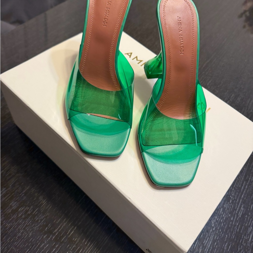 Amina Muaddi Emerald Green Transparent Mule Sandals